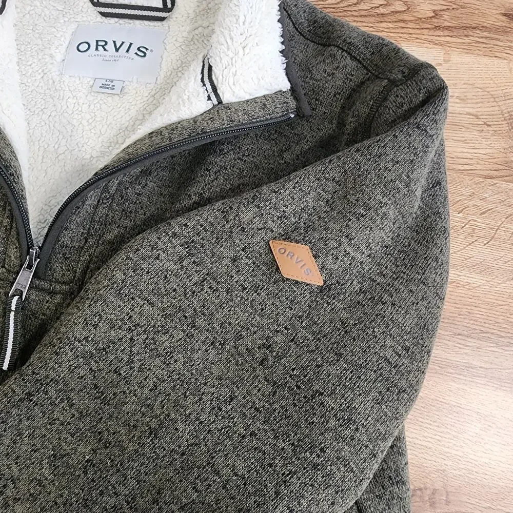 Orvis Sweater Mens‎ L Green/Gray Quarter Zip Sherpa Fleece Lined Knit Pullover